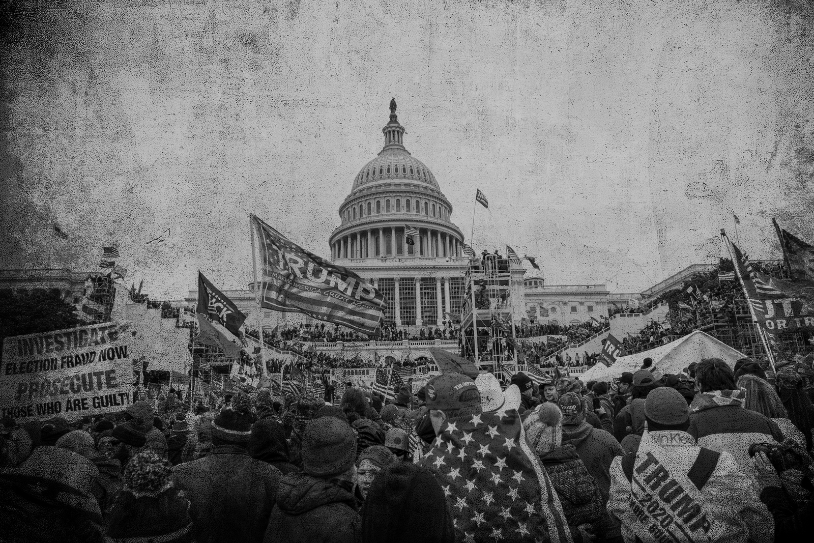 Black and white image of the Jan. 6 insurrection.