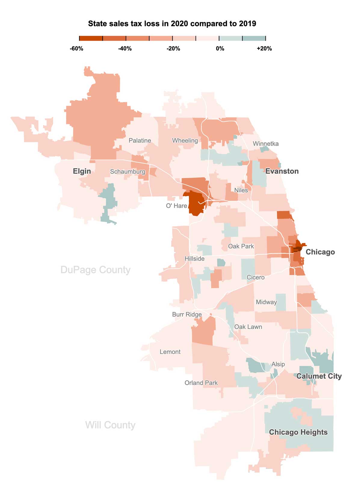 Map showing the changes in sales tax from 2019 to 2020. O'Hare and the downtown loop suffered the biggest loss in percentage of sales tax.